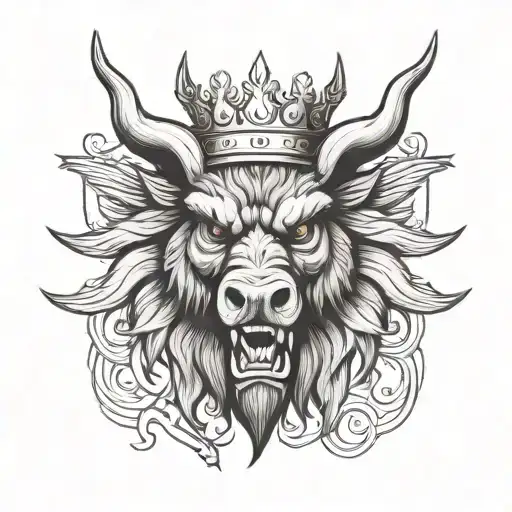 angry boar head wearing a crown with wings and sword and a heaven background tattoo design idea