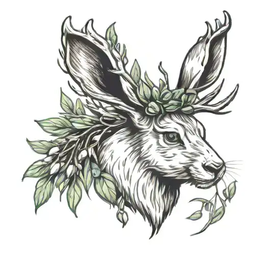 jackalope head with olive branches for antlers  tattoo design idea