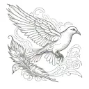 parchment with a dove above and a bird feather below tattoo design idea