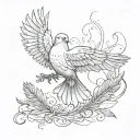 parchment with a dove above and a bird feather below tattoo design idea