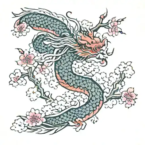cherry blossom with dragon flying tattoo design idea