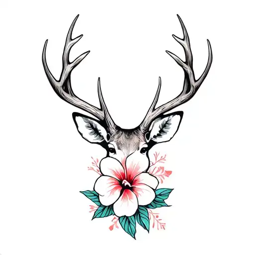deer antlers and hawaiian flower tattoo design idea