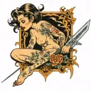 Naked girl with a knife tattoo design idea