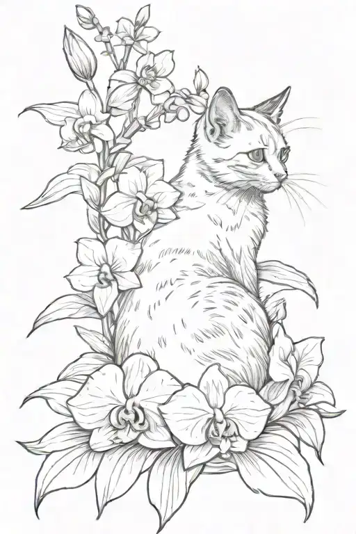 the kitten sits with its back down and sniffs an orchid on its back near the tail there are two black spots tattoo design idea