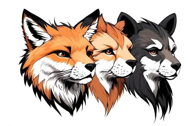 3 faces, anime fox, anime bear, anime lion for shoulder tattoo design idea