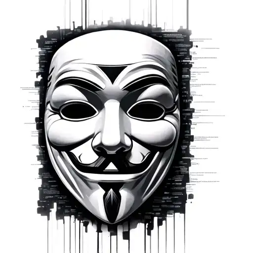 anonymous mask with infected computer and code flowing tattoo design idea