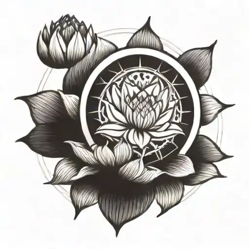Dharma Wheel with Lotus Flower bouquet tattoo design idea