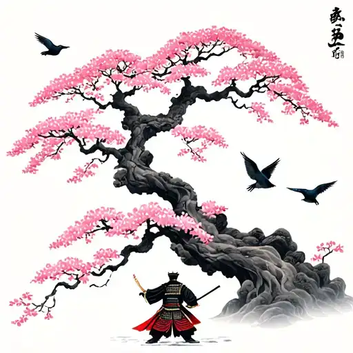 cherry blossom tree turning into, birds flying away, with a samurai at the base tattoo design idea