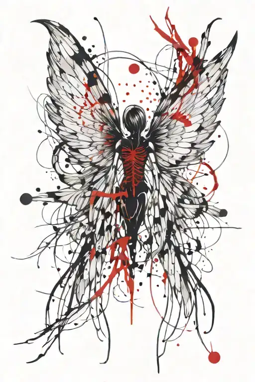 Angel wings that are slightly broken and missing feathers with  a red spider lily in the middle mostly are the wings  tattoo design idea