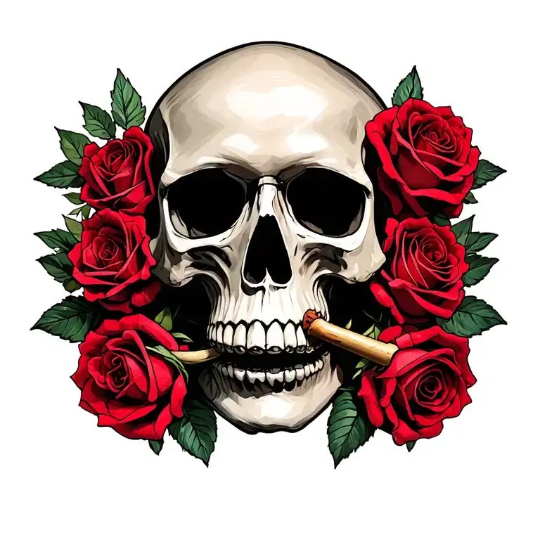 "Mercedes Martinez" skull with a joint in mouth and wilting roses intertwined tattoo design idea