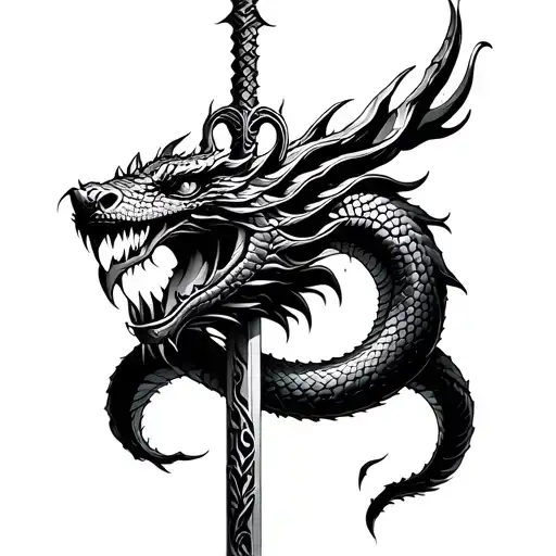 black and grey cyber sigillism trident with a snake dragon face coiling it turning into a rukdraksh tattoo design idea