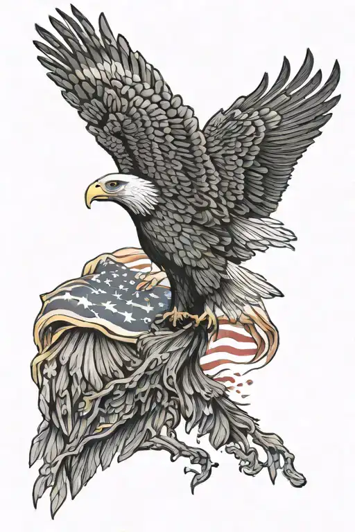 realistic eagle with sunset background with American flag intertwined tattoo design idea