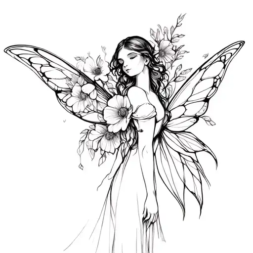 flowers with black girl fairy on it tattoo design idea