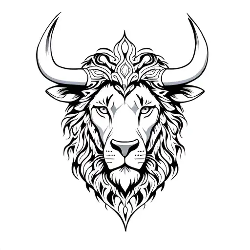 Head lion with bull frontal view, oriental mandala tattoo design idea