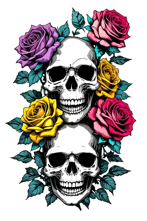 a stack of 5 skulls with colored roses and metal rose bush toeing them all together tattoo design idea