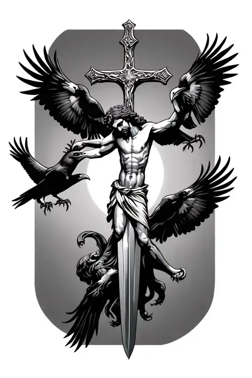 jesus on a sword cross, with crows perched and flying with claws no background tattoo design idea