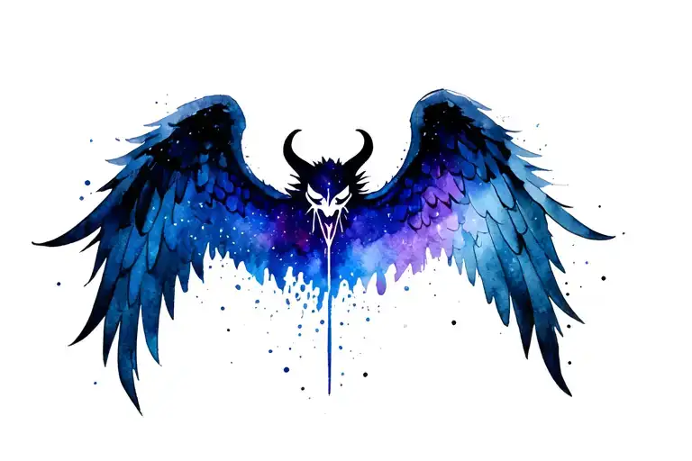 watercolor, supernatural demon anti-possession symbol with galaxy ombre colors merging into black and blue angel wings tattoo design idea