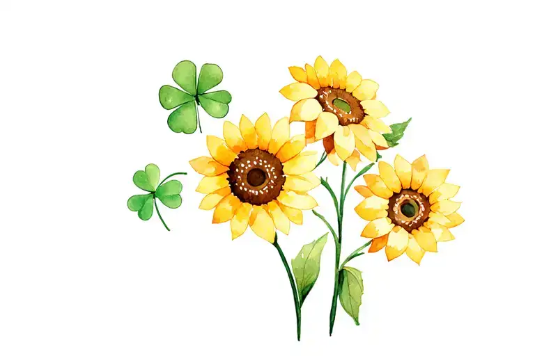 three stemless sunflowers as well as a four leaf clover tattoo design idea