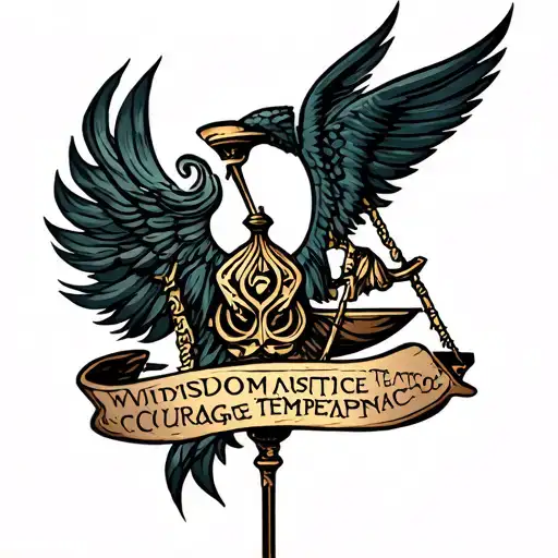Stoic virtues justice, wisdom, courage and temperance tattoo design idea