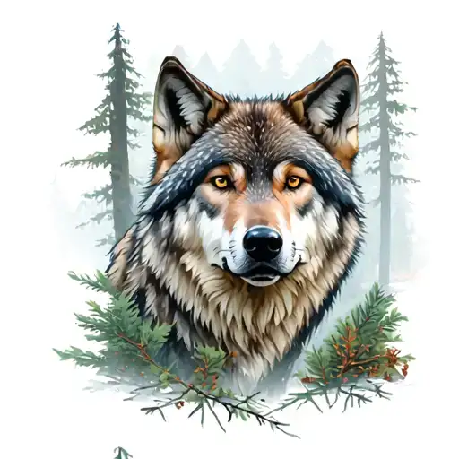 Wolf in the forest with pack tattoo design idea