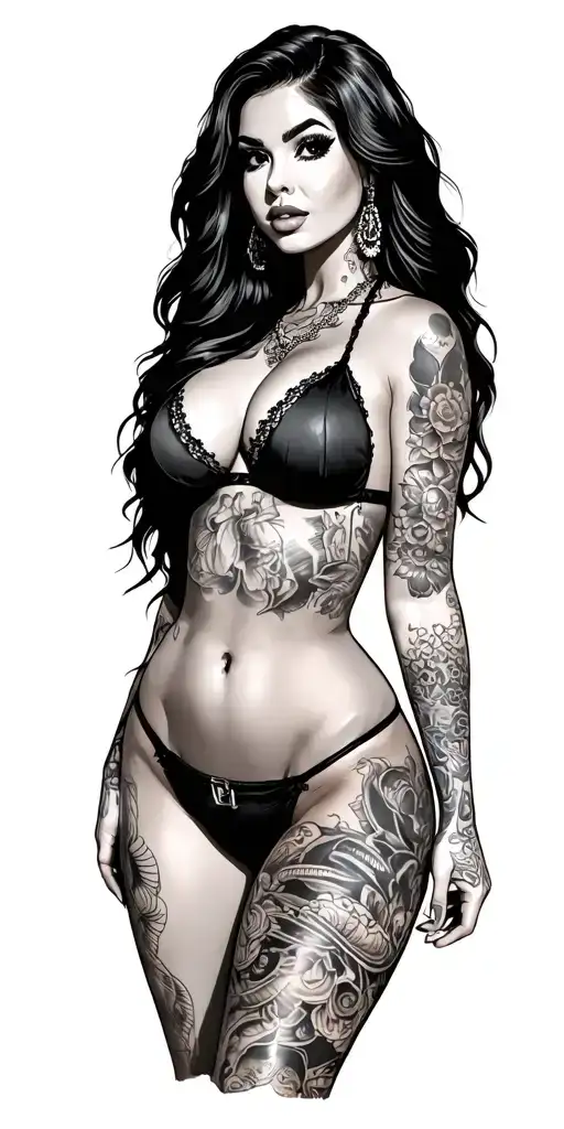 Sexy beautiful girl, curvy, big boobs, wide hips, thong . long hair,sexual. Seductive. Full Body,   tattoo design idea