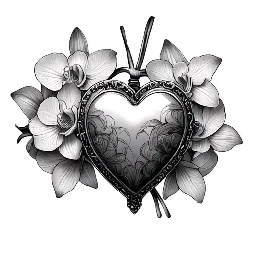 heart locket and orchid flowers tattoo design idea