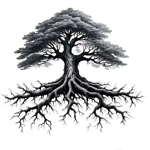 A detailed, artistic tattoo design symbolizing patience and hard work: a strong tree with deep roots and slow-growing br tattoo design idea
