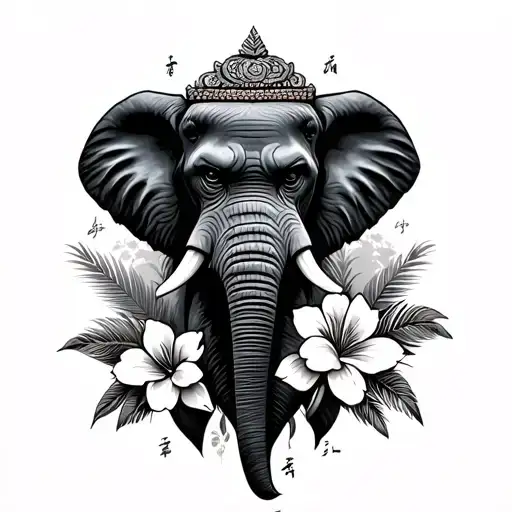 Black ink Thailand Elephant Tete, Gorilla head, palm trees, Thai flowers, Thai Writing tattoo design idea