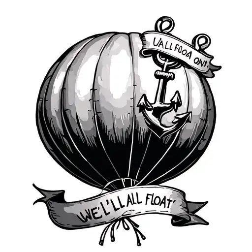 balloon with anchor tied to it with a banner around it saying we'll all float on okay tattoo design idea