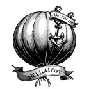 balloon with anchor tied to it with a banner around it saying we'll all float on okay tattoo design idea