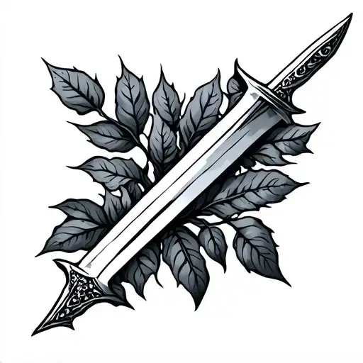 leafy thorny vine with dagger tattoo design idea