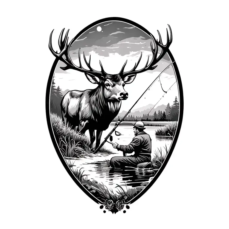 farm feild with a deer and and ice fisherman fishing tattoo design idea