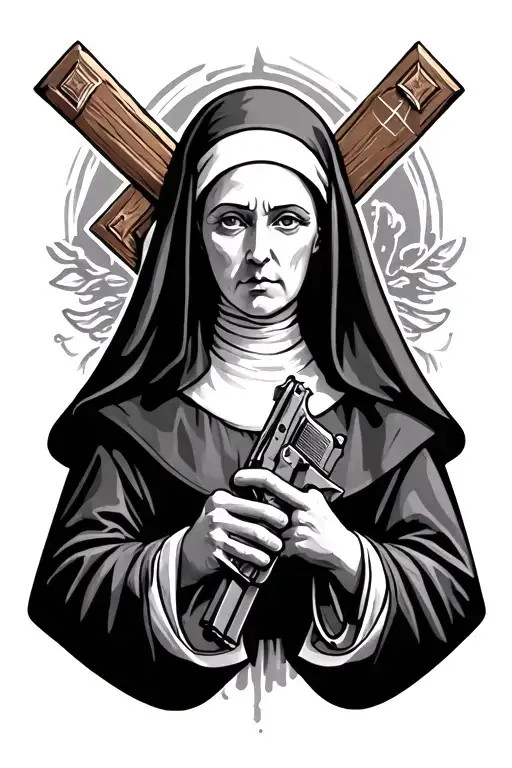 a nun holding a cross and a pistol tattoo design idea