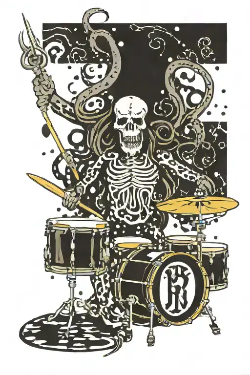Drumkit black with white dots in Randy Rhoads style. John Bonham logo. Octopus with face of "The Rev" as drummer.  tattoo design idea