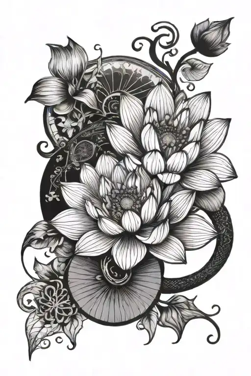 lotus flower, unalome, snake, moon phases, gemini sign, breathing sign tattoo design idea