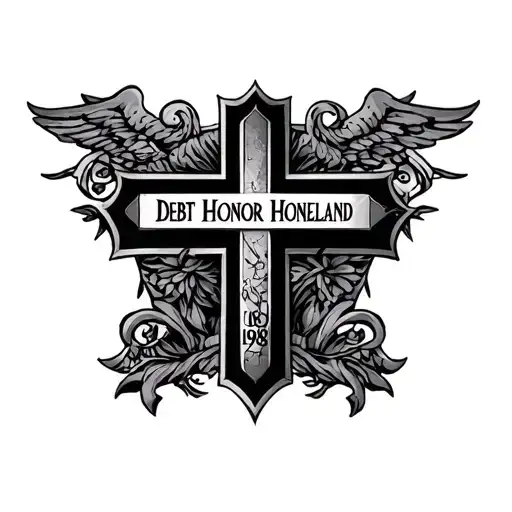Black simple cross in the center of the chest, inscription debt honor homeland, 1998 on the stomach tattoo design idea