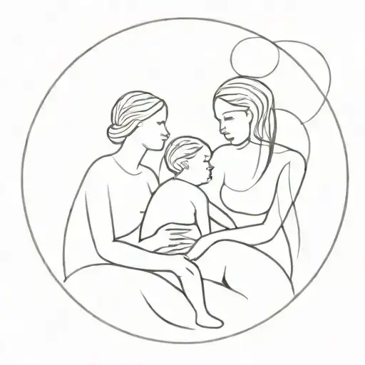 abstract couple with a baby girls and a dog, fine line style art, not realistic but allusional and ironic tattoo design idea