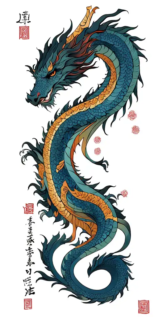 Undragon in the calligraphy with the text "Mohamed bin Habib and Khadija, brother of Fatiha, Fafa, Aurelian, Nadia Bentelli and Philippe" tattoo design idea