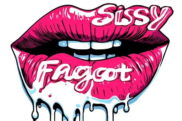 "Sissy Faggot" lips and tongue dripping white liquid tattoo design idea