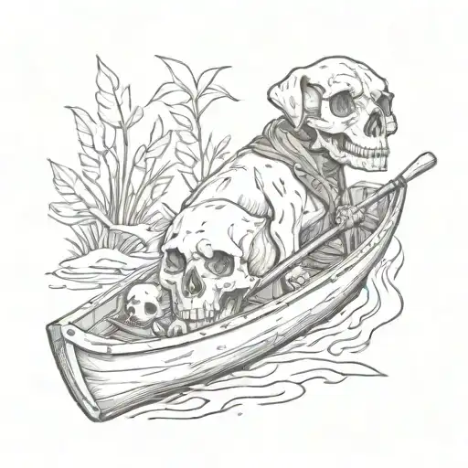 skull and pet dog on canoe tattoo design idea