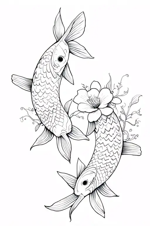 2 koi fish with flowers tattoo design idea