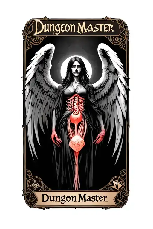 "Dungeon Master " D&D, tarot card, female angel of death, wings, d20, nsfw, nudity, boobs, tits, viscerals, organs, anatomy  tattoo design idea