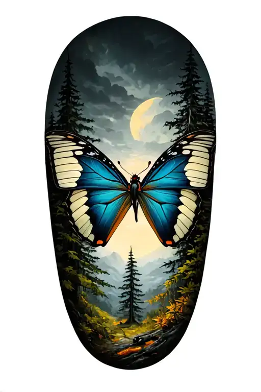 butterfly and nature elements like trees tattoo design idea