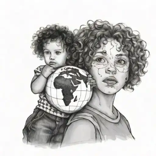 earth in the background with toddler curly haired daughter standing in front facing outward  tattoo design idea