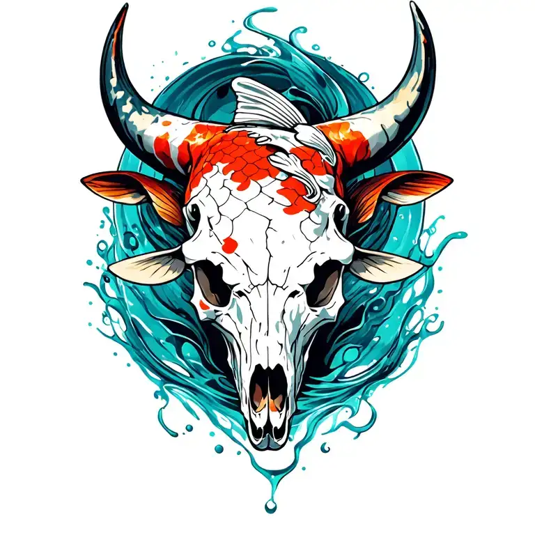 koi fish with bull skull tattoo design idea