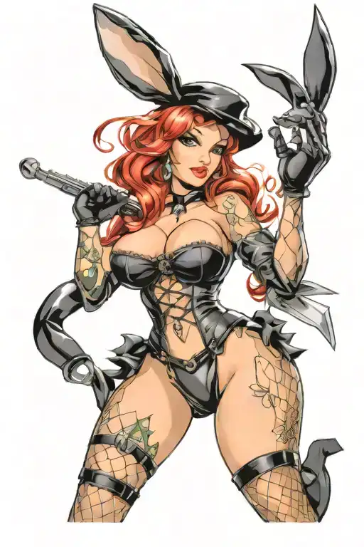 Playboy Bunny girl, sexy, wide hips, petite, Huge boobs, corset, fishnet stockings, G-String, cleavage, stripper  tattoo design idea