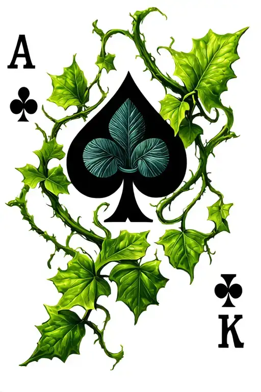 Ace of Clubs playing card on top sparsely spreading poison ivy vines tattoo design idea