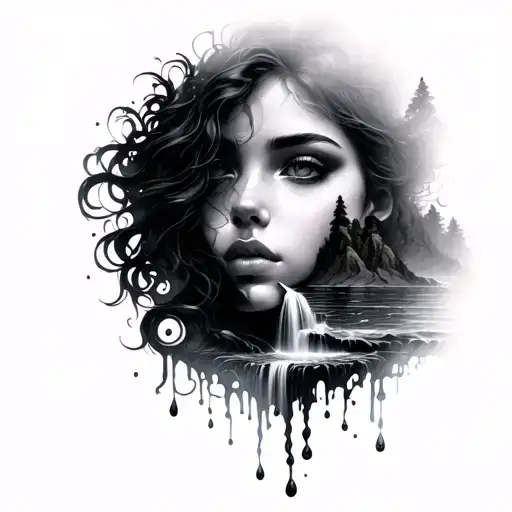 Silhouette of female face integrating a landscape a waterfall as a tear tattoo design idea