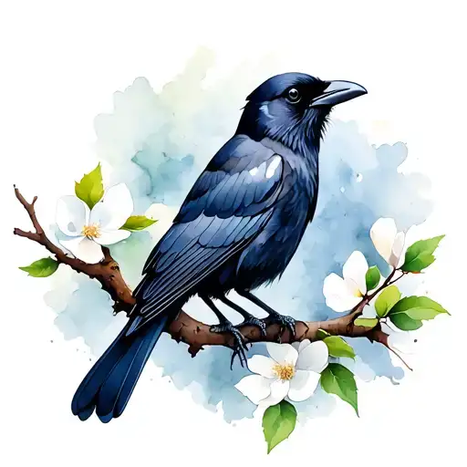 crow on a dogwood tree branch tattoo design idea
