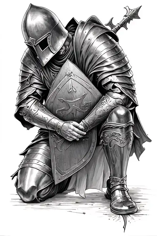 Templar knight kneeling praying holding a shield tattoo design idea